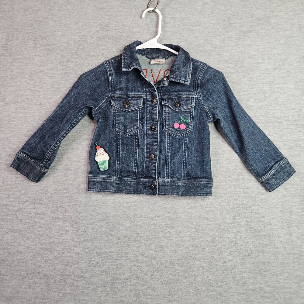 Hanna Andersson Girls Denim Jacket Size 5 110cm Cherry Cupcake Patch